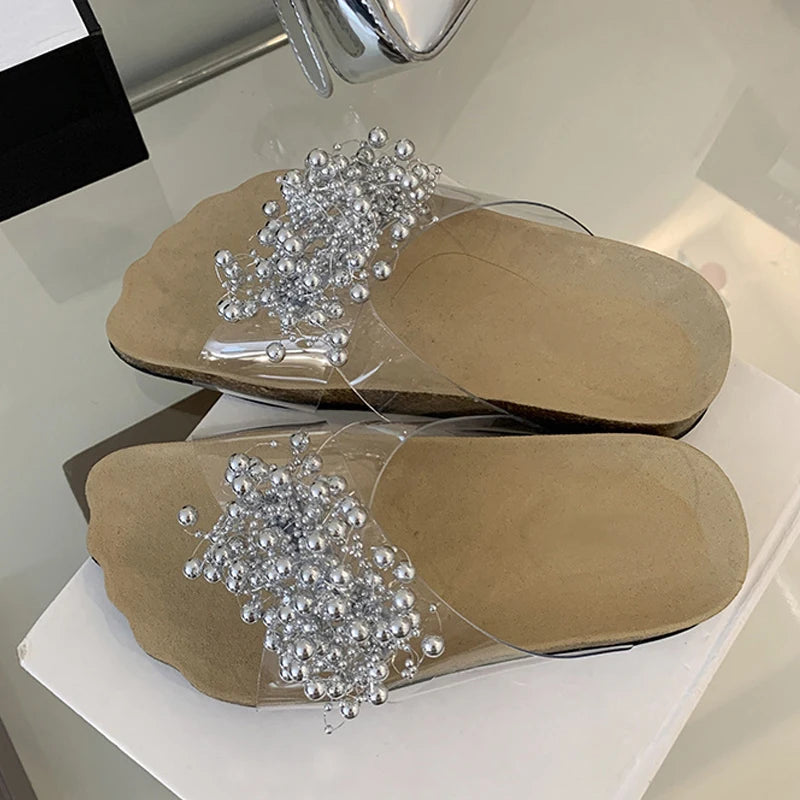 New Green Pearl Designer Slides Transparent Slippers Cozy Wide Open Toe Low Heels Beach Shoes Gladiator Sandals