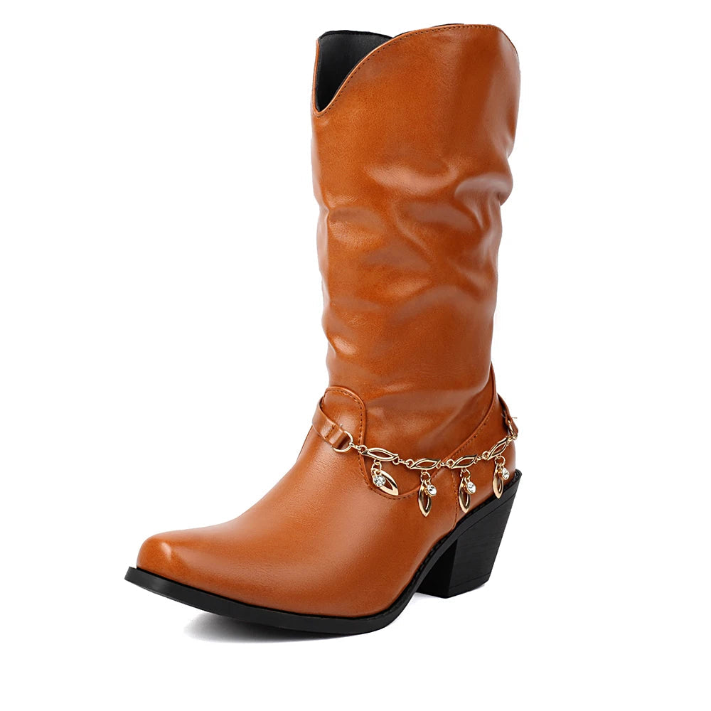 Big Size 43 Square Toe Square Toe Mid Calf Boots Metal Chain Autumn/winter Party Shoes Woman