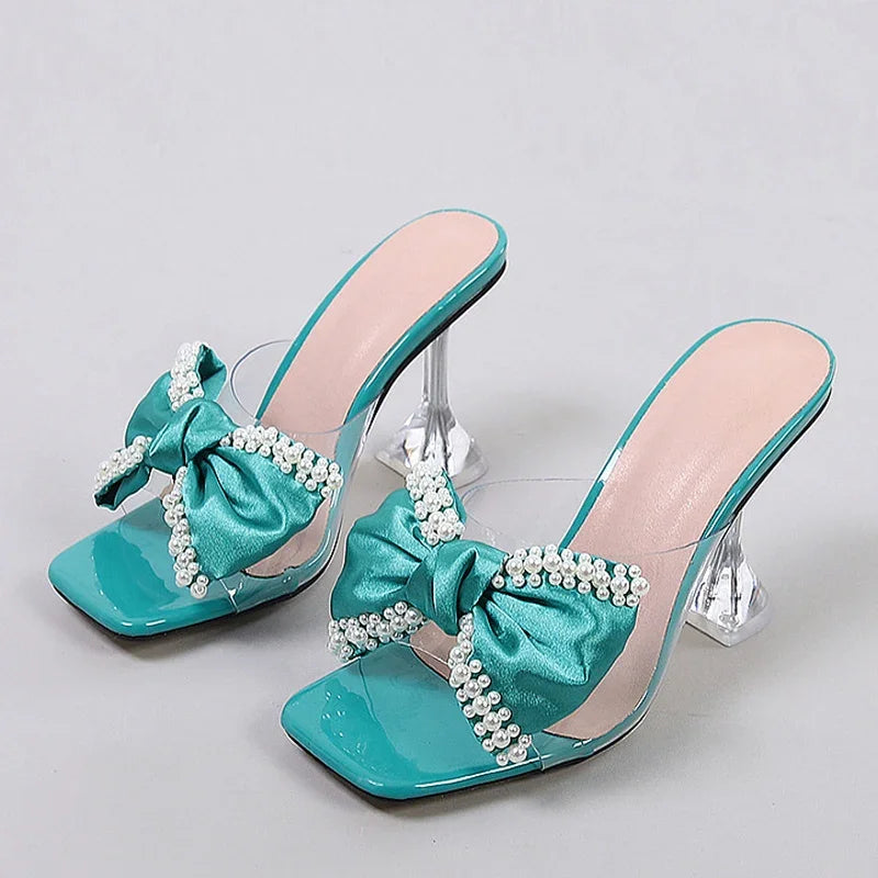 Pearl Bow Designer Slipper New Transparent Pvc High Heeled Sandals Non Slip Mule Shoes Pumps