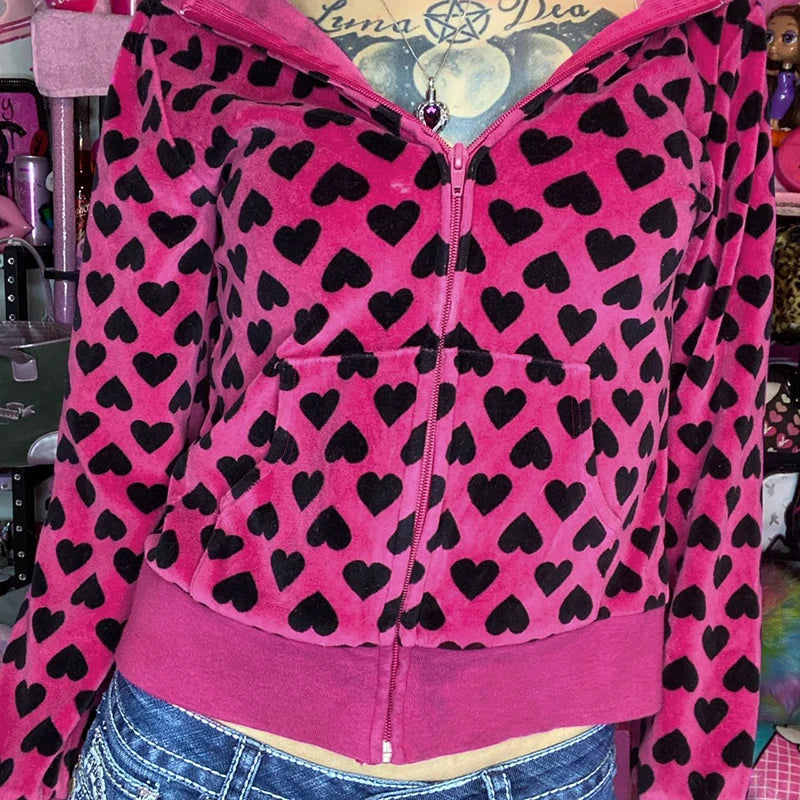 Y2k Heart Print Velvet Jacket With Hooded Pink Sweet Style Autumn Pocket Zipper Coat Retro Slim Outwear Winter
