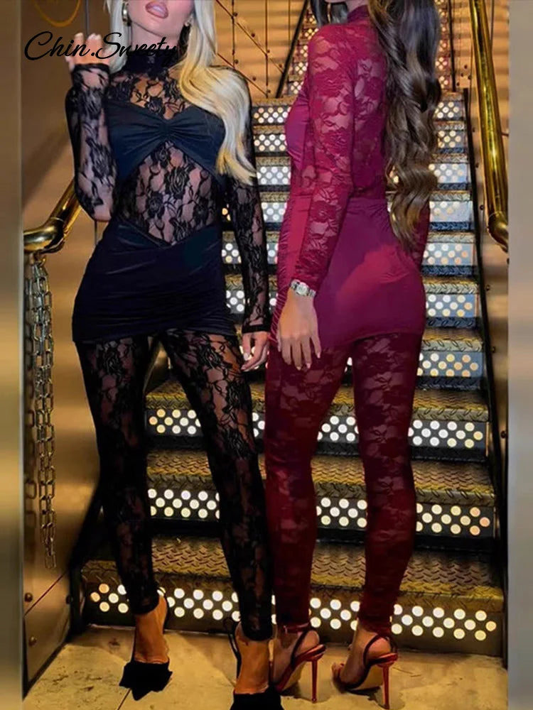 Lace Long Sleeve One Pieces Jumpsuit Mock Neck Bodycon Romper Female Spring New See Through Club Party Overalls