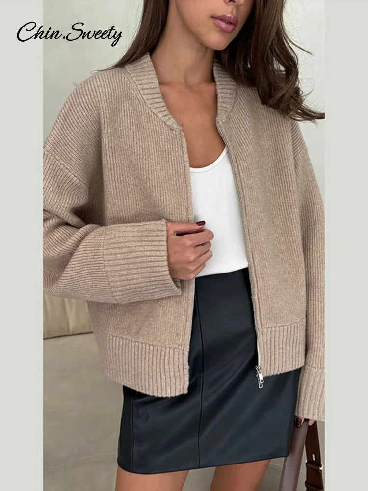 Autumn Winter Zipper O-neck Knitted Cardigans Loose Long Sleeve Sweater Top Lady All-matching Knitwear