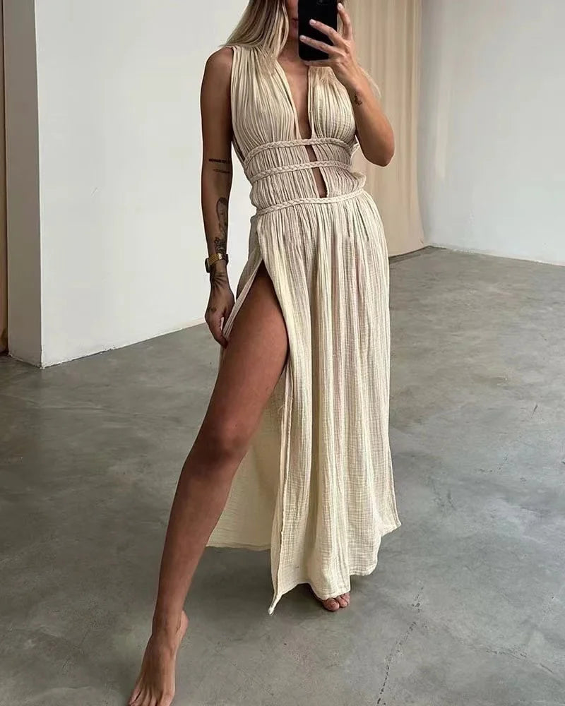Deep Vneck Party Dress Summer Loungewear Sleeveless Maxi Dress Hollow Out Dress Vestidos