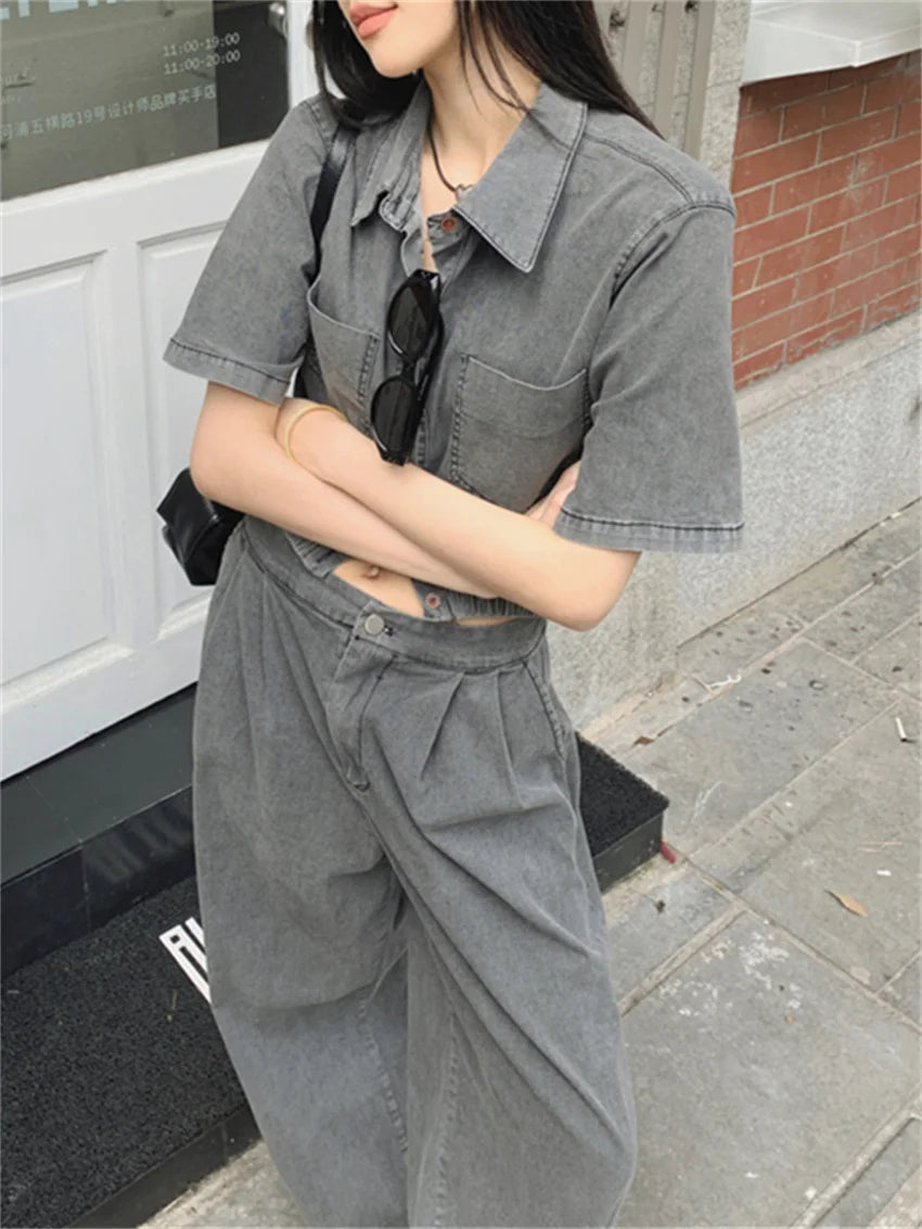 Retro Denim High Street Coats Short Sleeve Slim Mopping Summer New Pants Sets Office Lady All Match