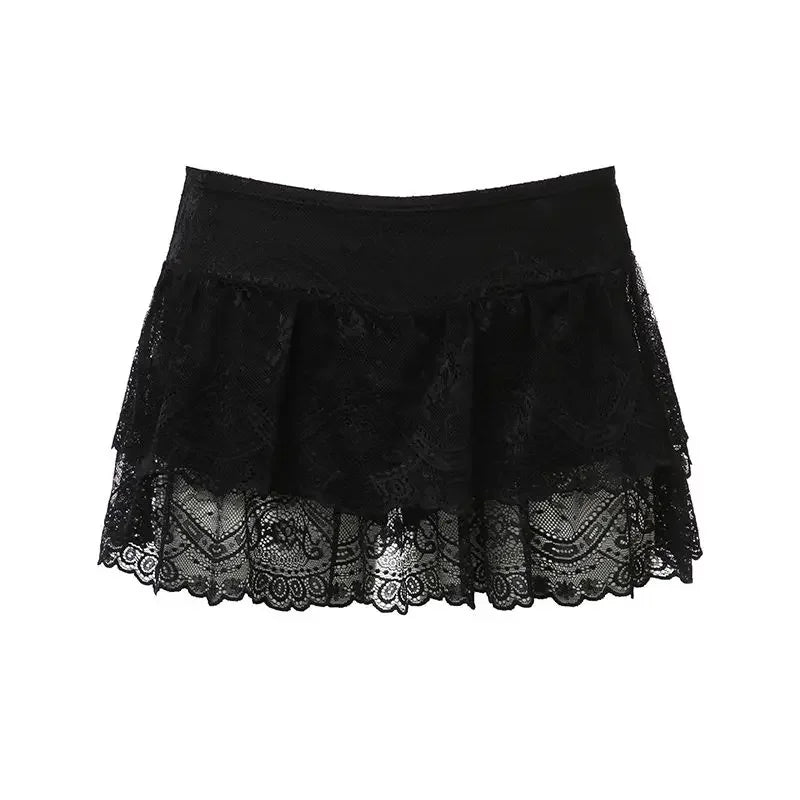 White Lace Hook Flower Ultra Short Mini Skirt for Summer Sweet Girl Anti Glare Low Waist Slimming Aline Short White Skirt
