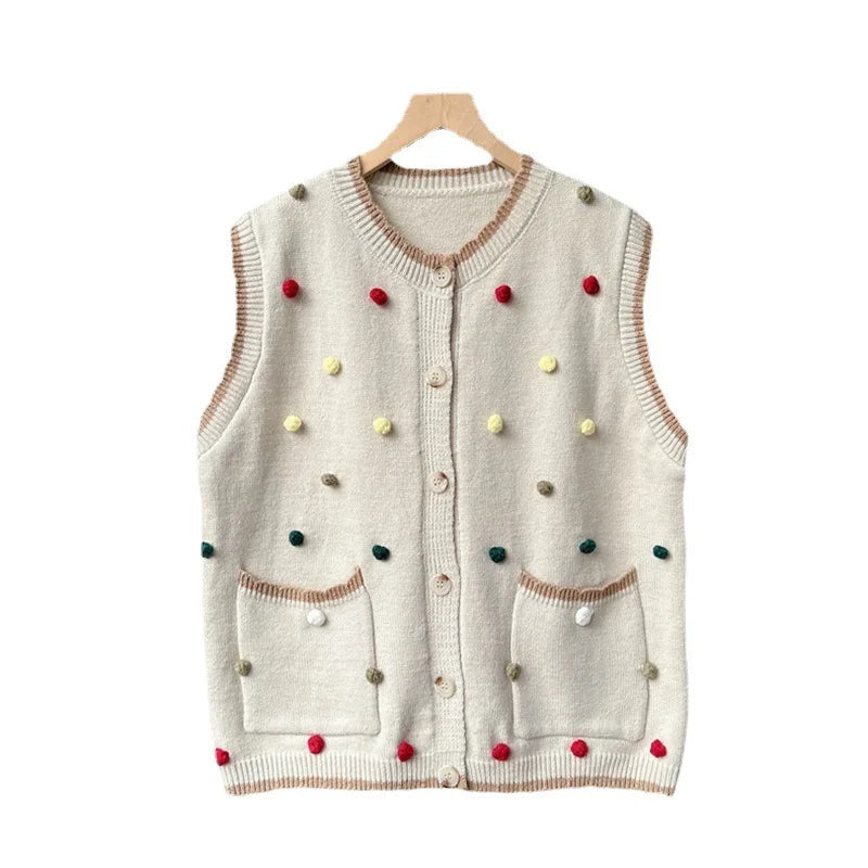 Autumn New Sweater Vest Chaleco Mujer Japanese Loose Cardigan Waistcoat Sweet Wave Point Knitwear Top