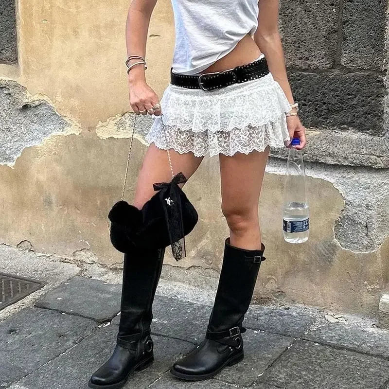White Lace Hook Flower Ultra Short Mini Skirt for Summer Sweet Girl Anti Glare Low Waist Slimming Aline Short White Skirt