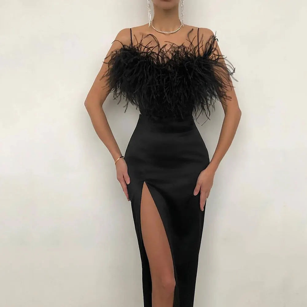 Spring/summer Dress Strap Feather Dress Split Hem Long Dress Vestidos Femme Party Bodycon Dress New