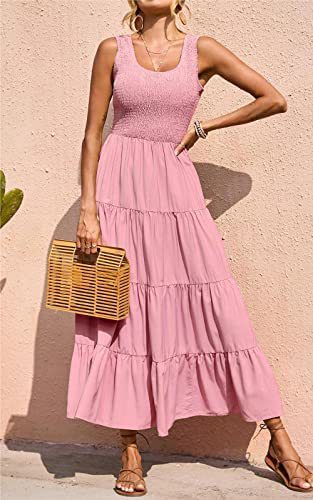 Dresses for Summer Sleeveless Color Long Dress Elastic Waist Beach Party Big Swing