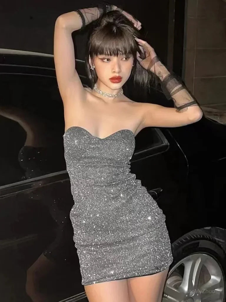 Black Glitter Bright Silk Dress Strapless Ruched Bodycon Dress Summer Sleeveless Tight Mini Dress Party Club Outfits