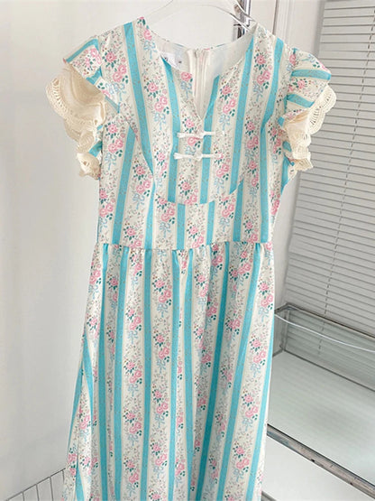 Summer French Court Striped Evening Sleeveless Long Dress Maxi Lace Patchwork Frocks Onepiece Design Maxi Party