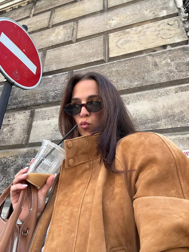 Long Sleeve Stand Collar Female Coats Suede Zipper Jacket for Autumn New Lady Pockets Outerwear Street