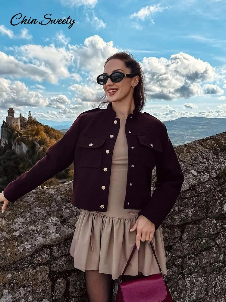 Burgundy Color Woolen Jacket for Stand Collar Single Breasted Pocket Thick Short Coat Autumn Lady Commute Outwear New