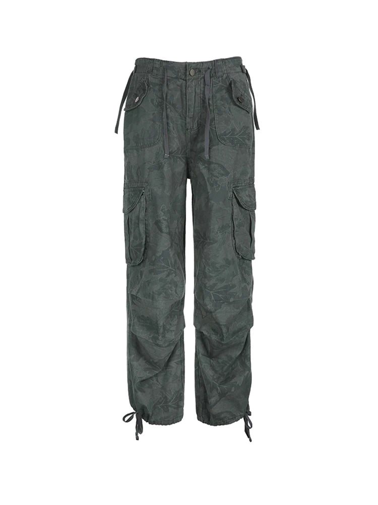 Print Camouflage Cargo Jeans Pockets Mid Waist Preppy Hippie Straight Denim Pants