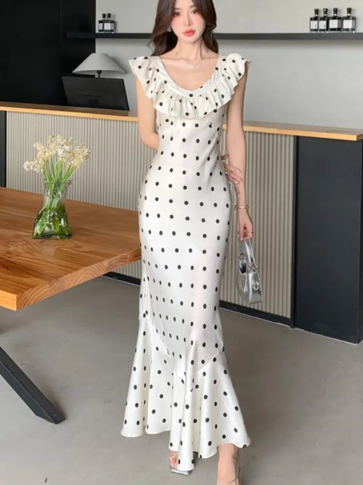 Bodycon Dot Midi Dresses for Ruffles V-neck Sleeveless Slim Mermaid Evening Party Dress Prom Robe Vestidos Mujer