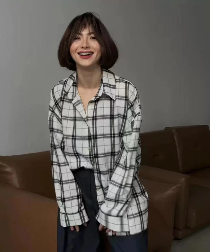 Summer Oversized Plaid Shirt Long Sleeve Loose Fit Blouse Autumn Female Office Shirt Tops for Woman
