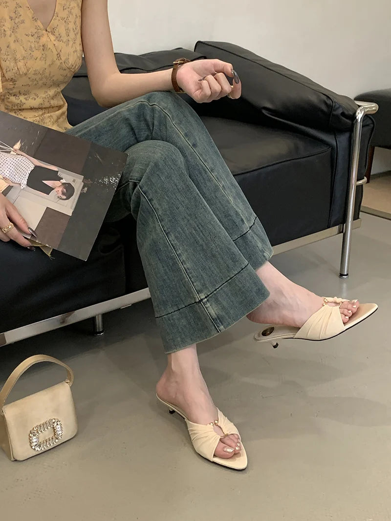 Pleated Silk Hollow Out Metal Buckle Slippers Sandal Summer Pointed Toe Low Thin Heels Beach Party Female Shoes