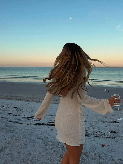 Backless Short Dress for Slim Long Sleeved Mini Dresses New Summer Vacation Beach Wear Vestidos
