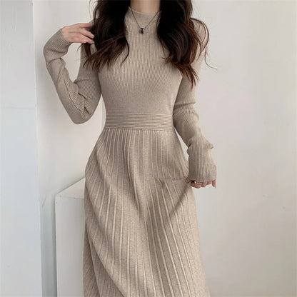 Autumn/winter British Style Celebrity Knitted Dress Half High Neck Slim Fit Inner Matching Coat Pleated Long Dress