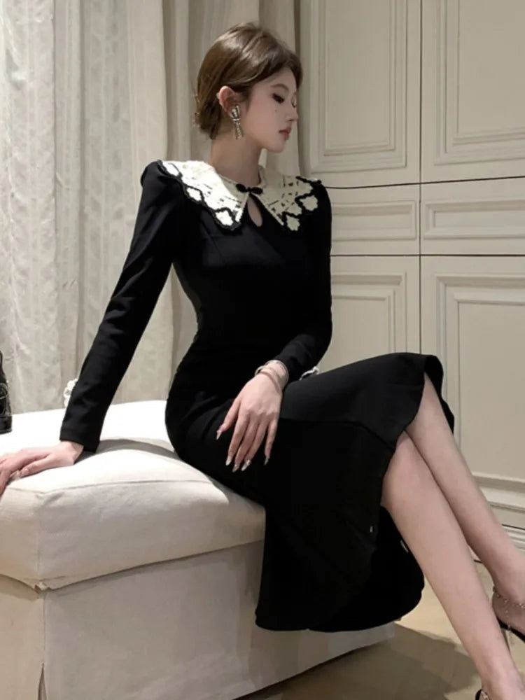 Black Mermaid Dresses French Lace Patchwork Bodycon Evening Party Midi Dress New Vestidos Female Clothes