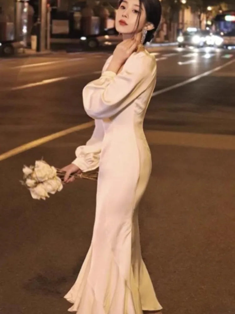 Spring Ruffles Midi Dress Evening Party Prom Vestidos Summer Long Sleeve Female Clothes Robe Korean
