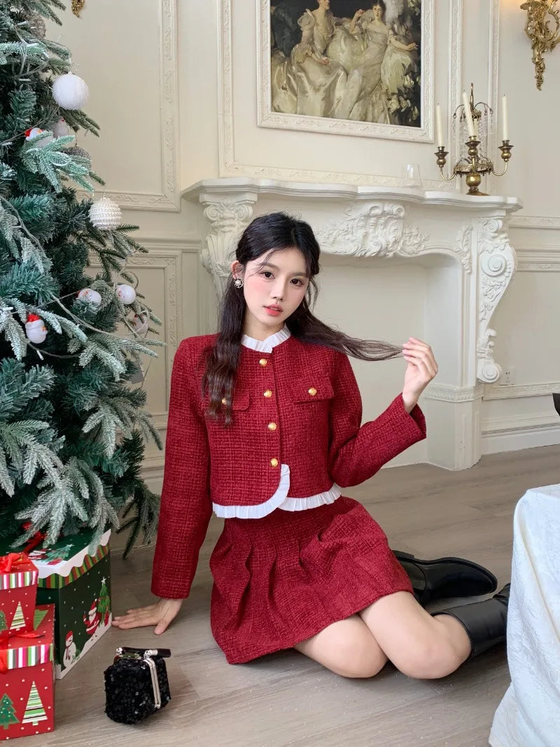 Sweet Hot Girl Christmas Suit Autumn Oneck Longsleeved Coat High Waisted Aline Skirt Twopiece Set Female Clothes