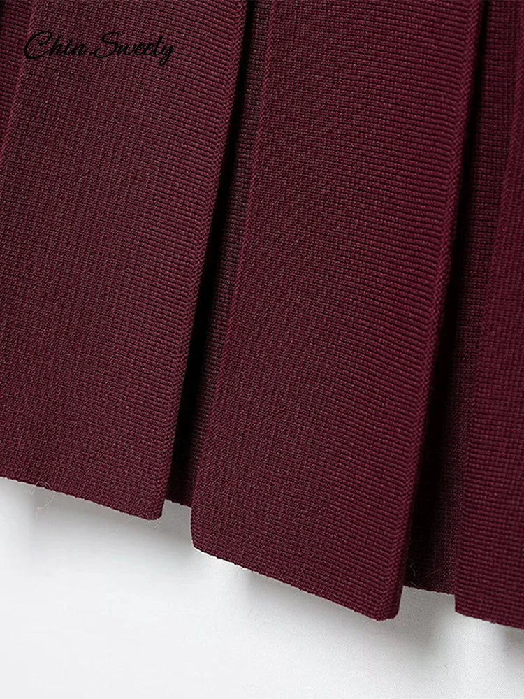 _ Skirts 2 Piece Set Burgundy Knitted Lapel Long Sleeve Button Cardigans Pleat High Waist A-line Skirt Lady Outfits