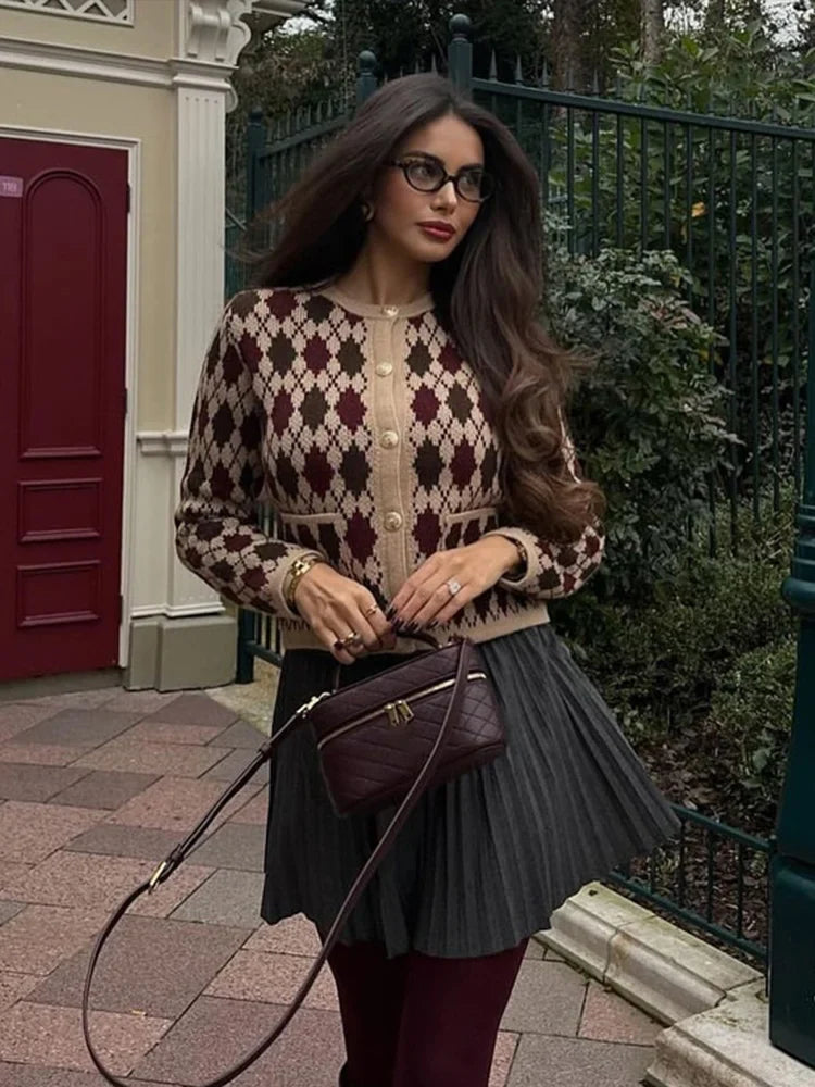 Check Plaid Knitted Cardigans Single Breasted Loose Sweaters Long Sleeve Coats Winter Lady Tops