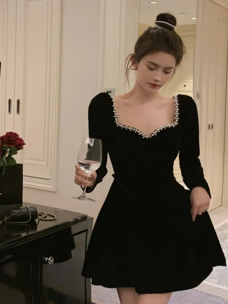 French Velvet Evening Robe for Autumn Diamonds Long Sleeve High Waist Mini Dresses Birthday Party Prom Clothing