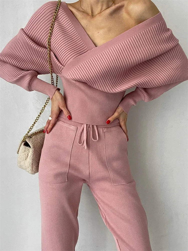 Knit Vneck Pullover 2 Pieceset for Patchwork Sweater and High Waist Drawstring Pants Sets Outfits