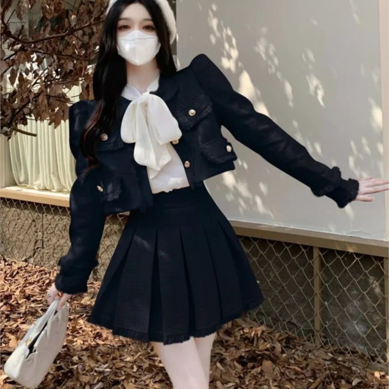 Autumn New French Tweed Two-piece Skirt Set Short Jacket Coat + Pleated Mini Skirt Suits Korean Outfits