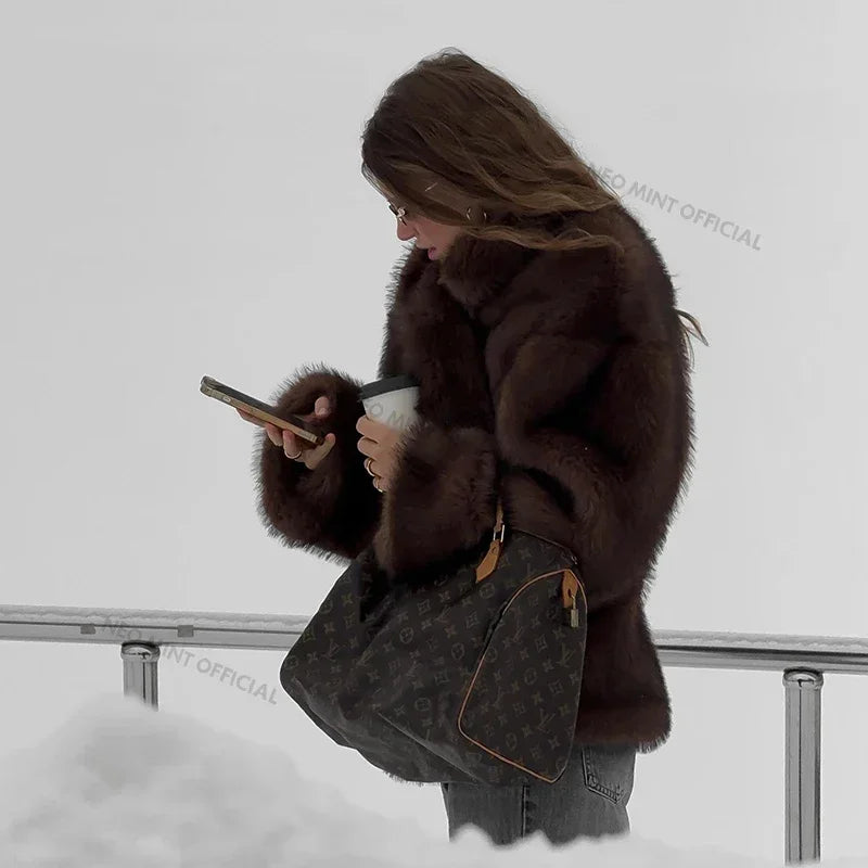 Winter Faux Fur Coat Brand Fluffy Fox Fur Outerwear Overcoat Girl Street Style Furry Warm Jacket