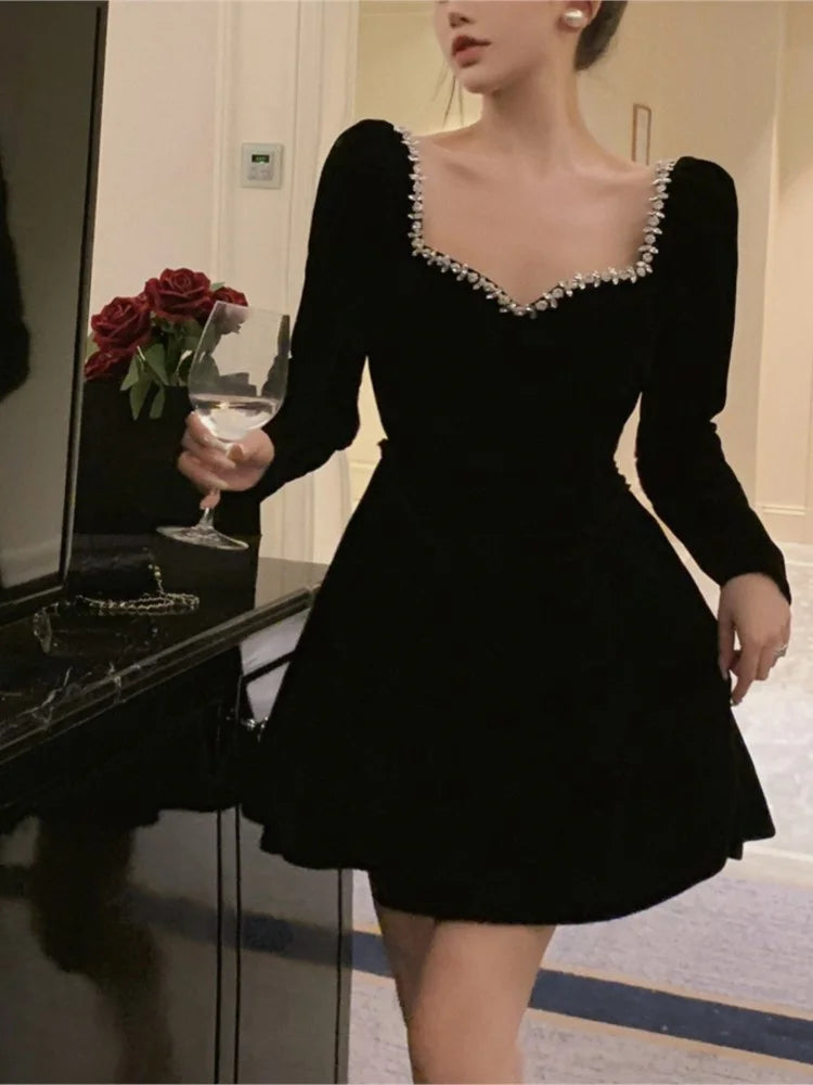 French Velvet Evening Robe for Autumn Diamonds Long Sleeve High Waist Mini Dresses Birthday Party Prom Clothing