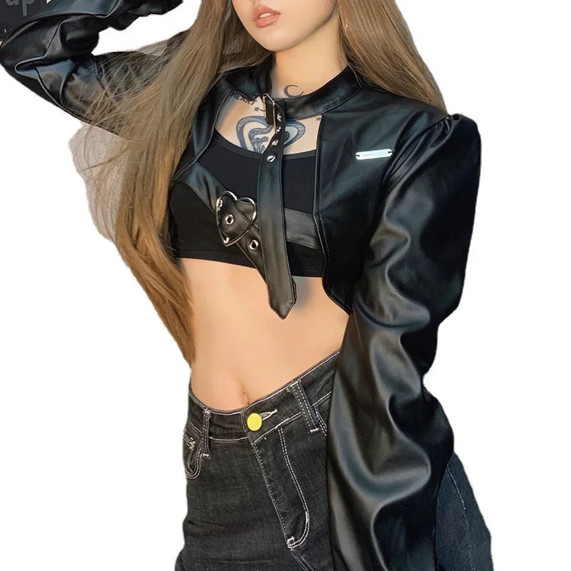 Punk Style Buckles Black Pu Leather Jacket Spring Autumn Smock Cropped Coat Cardigan Outfits