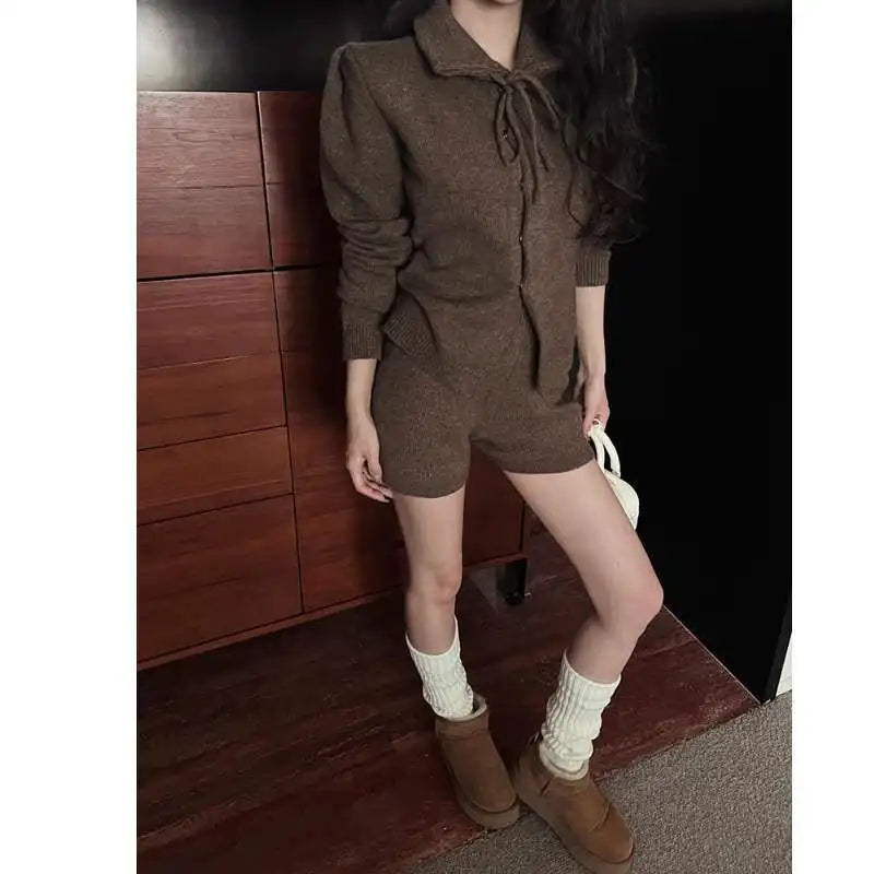 Sweet Hot Girl Suit Spring Turndown Collar Knitted Cardigan High Waisted Shorts Twopiece Set Female Clothes