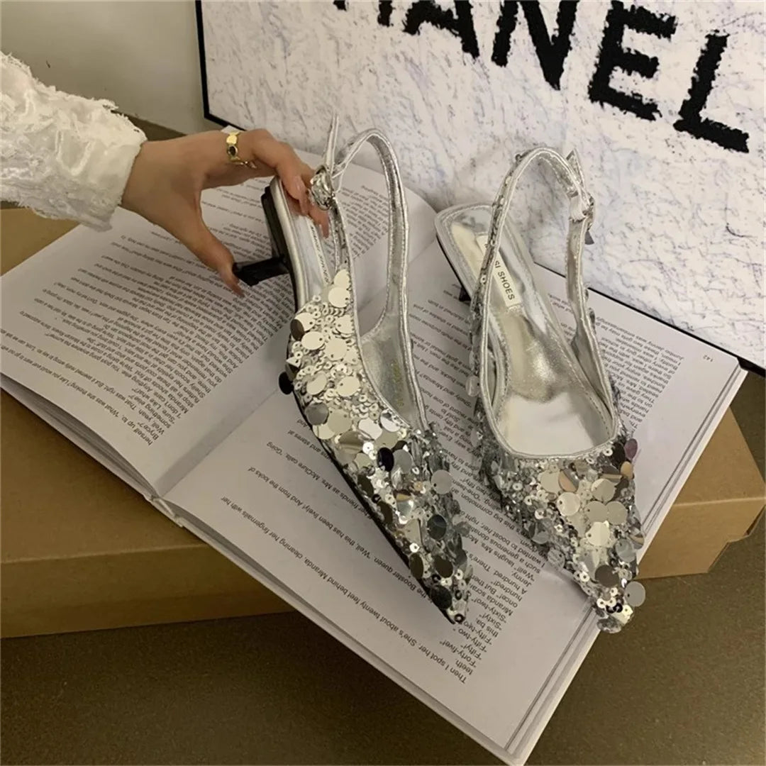 Low Sandals Woman Leather Shoes Closed Toe Bling Bling Suit Female Beige Summer Heels Lowheeled Silver Retro Bright Black