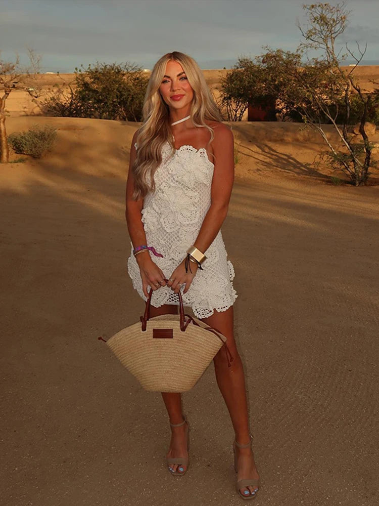 Knit 3d Flower Mini Dress Slim Hollow Out Hip Package Skew-collar Halter Beach Dresses Holiday Party Lady Robe