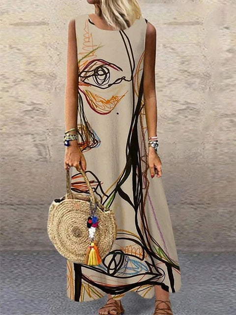 Print Sleeveless Long Dresses Summer O Neck Loose Maxi Dress Temperament Commuting Clothing Vestido Female