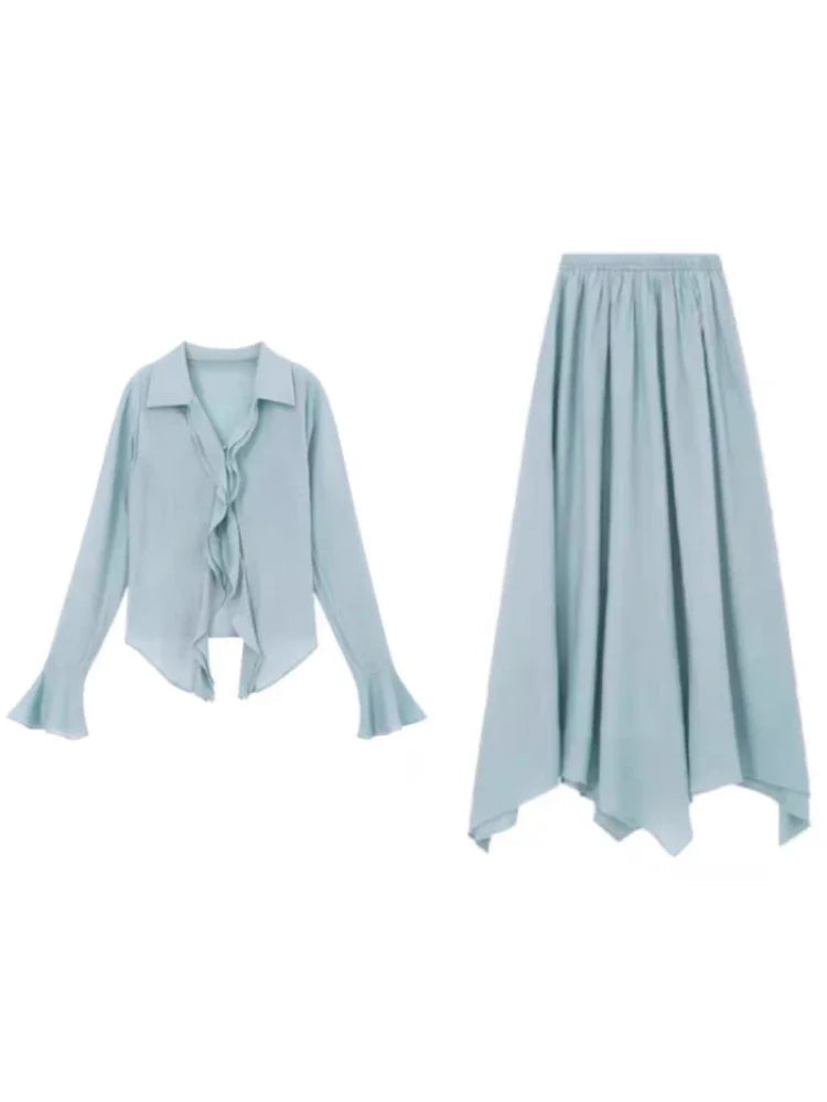 Autumn French Party Chiffon Skirt 2 Piece Set Blouse + Office Lady Fairy Midi Skirt Korean