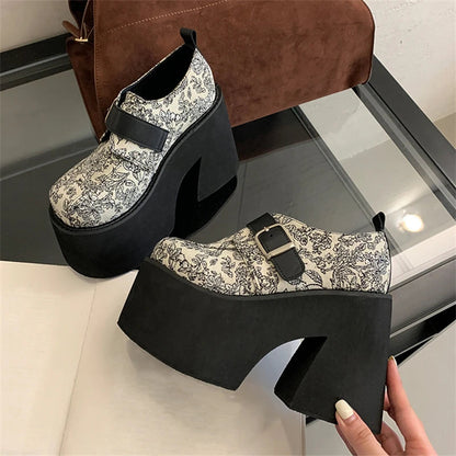 Chunky Platform Buckle Strap Pumps Street Style Round Toe Very Square High Heels Stripper Club Female Shoes
