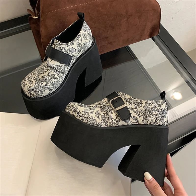 Chunky Platform Buckle Strap Pumps Street Style Round Toe Very Square High Heels Stripper Club Female Shoes