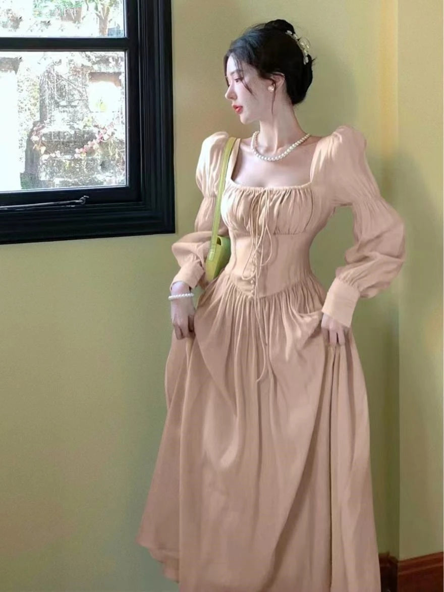 French Lantern Sleeve Lace Up Midi Dress Summer Square Neck Evening Party Prom Robe Female Vestidos Mujer Autumn
