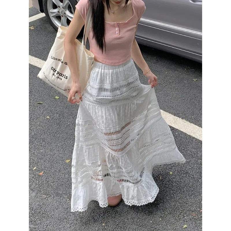 Spring and Summer Korean Retro High Street Low Waist Hollow Out White Long Lace Skirt Skirt
