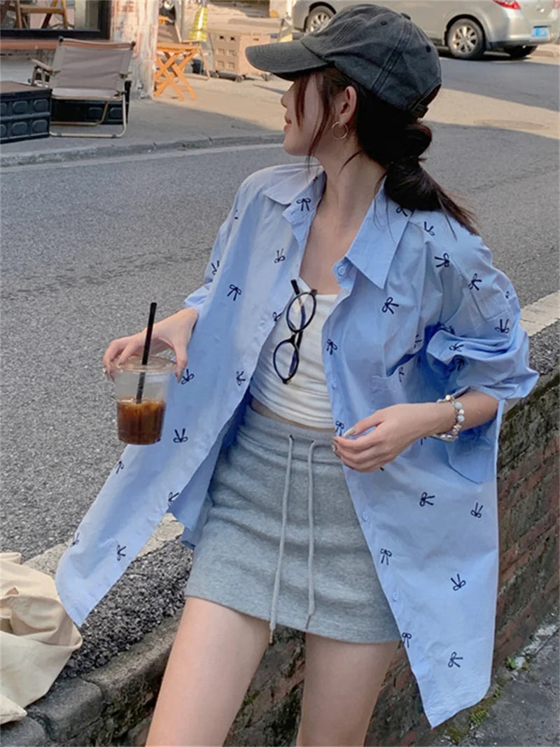 Printed Blue Shirts Autumn Daily Mujer New Loose High Street Full Sleeve Office Lady Coats