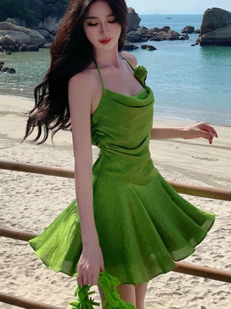 Sweet Green Mini Dress for Halter Sleeveless Party Dresses Summer Holiday Pleated Aline Short Vestidos Mujer