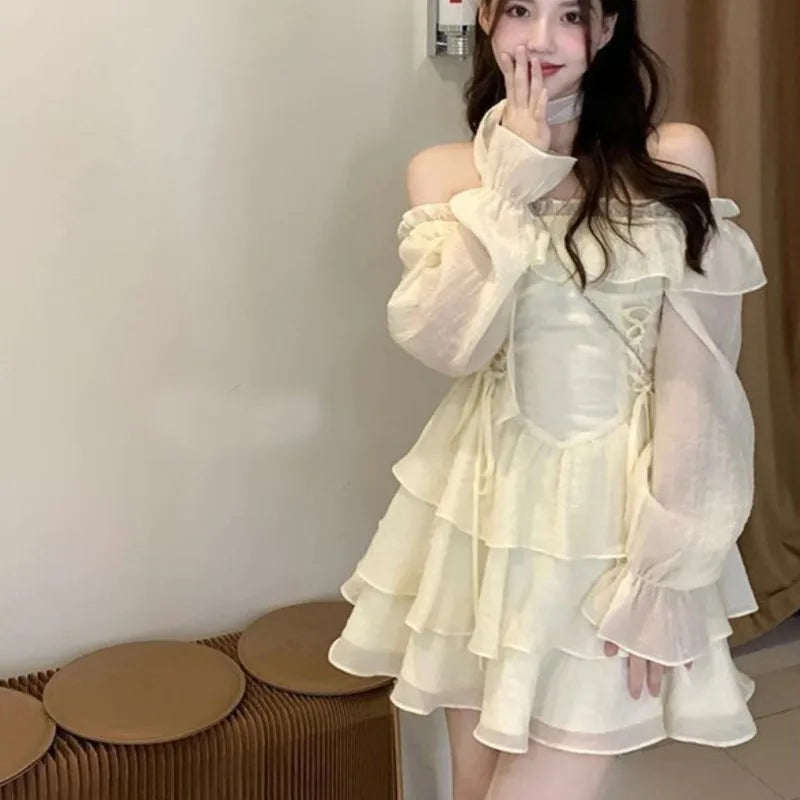 Mini Dresses Woman Off Shoulder Ruffles Aline Long Sleeve Laceup Short Party Dress Korean One Piece New