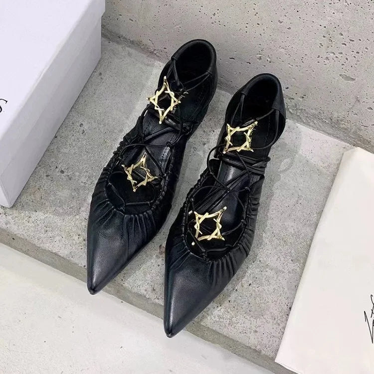 Cross Straps Sandals Pointed Toe Gold Star Detail Mixed Color Low Block Heels Ankle Lace Up Summer Rubber Shoes