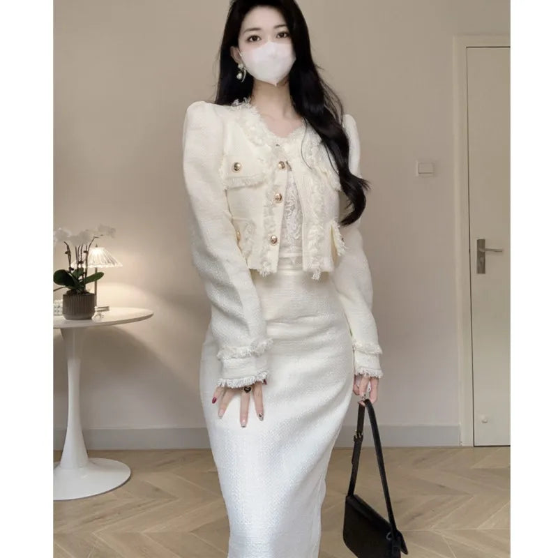 Korean Two-piece Skirt Sets Crop Jacket Coat Bodycon Midi Skirt Autumn Winter New Female Outfits