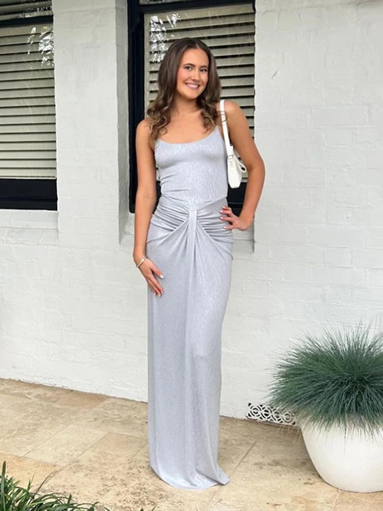 Spaghetti Strap Backless Maxi Dress Outfits Birthday Vestido New Club Party Ruched Dresses Female