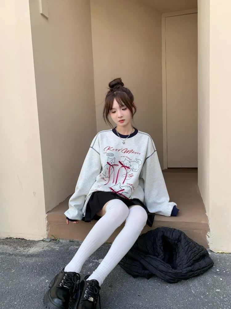3d Bow Contrast Color Hoodies Round Neck Gray Sweatshirts Autumn Korean Loose Agereducing Cat Print Loose Top